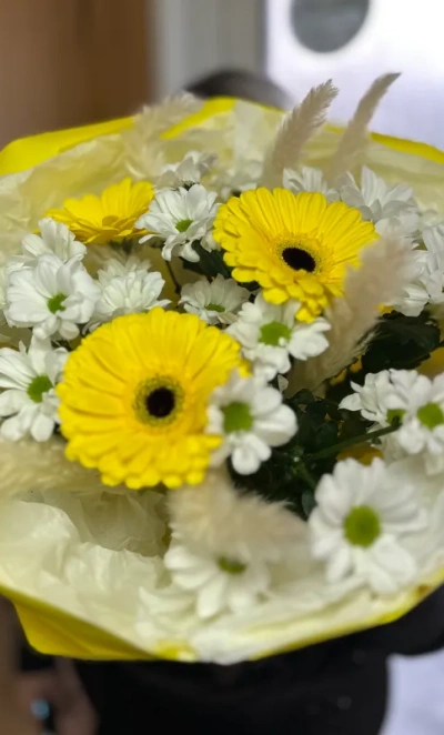 Букет из Гербер и хризантем «Яркое солнышко»