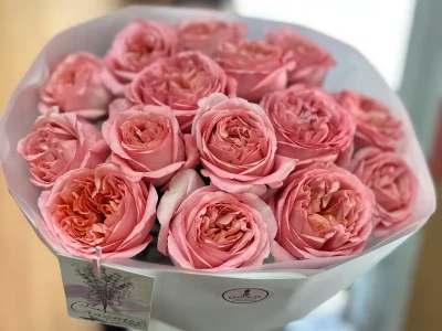 Букет из 15 пионовидных роз «Рассвет»